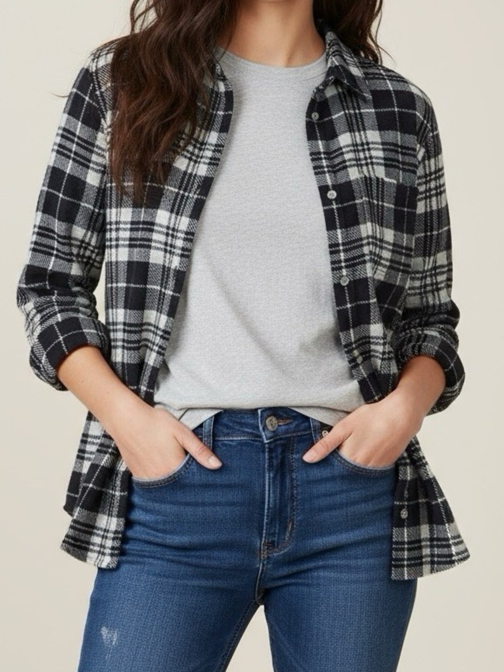 Faherty Legend Sweater Shirt Plaid Black White Button Up Medium Soft Cozy Warm